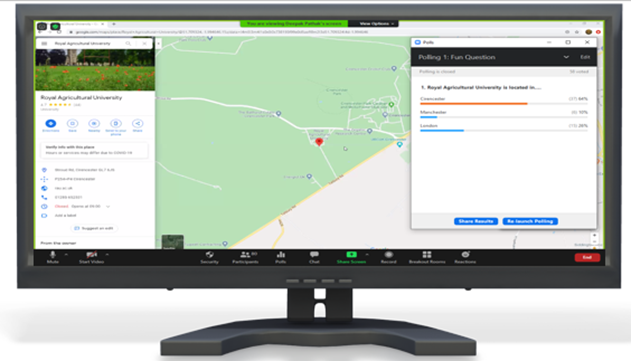 Image of computer with screenshot of Zoom meeting with screenshare of map and poll