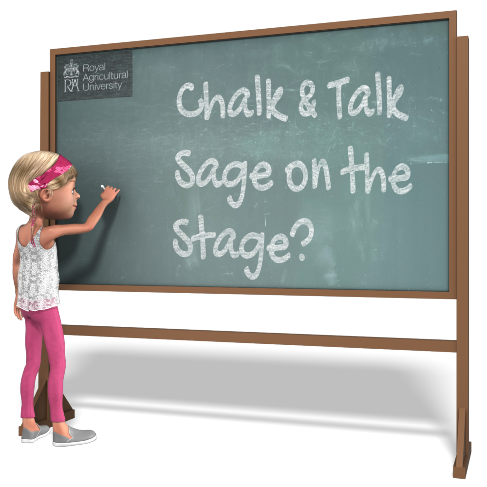 Image with person writing on a board with text 'Chalk & Talk Sage on the Stage'