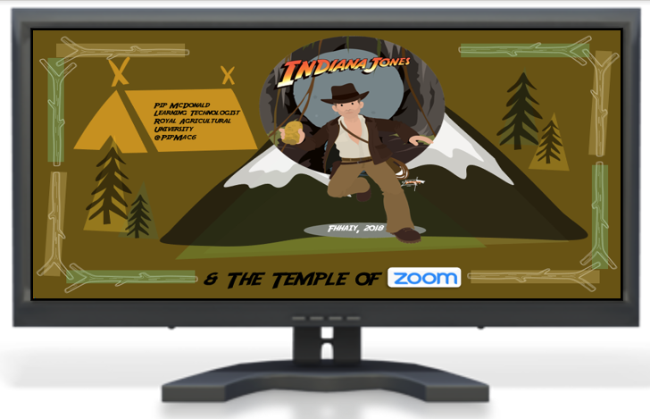 Image of computer with presentation title slide and image of mountain, trees, tent and adventurer
