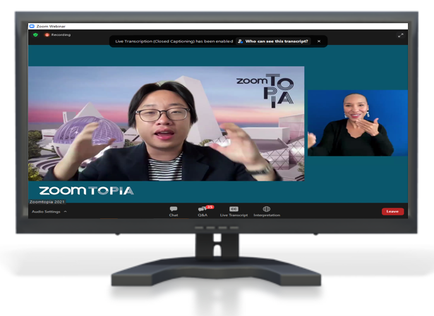 Image of computer with presenter and presenter using sign language