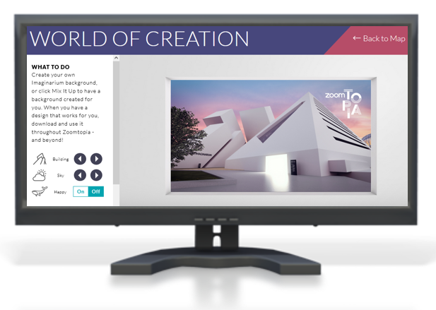 Image of computer with screenshot of  Zoomptopia create your won imaginarium screen