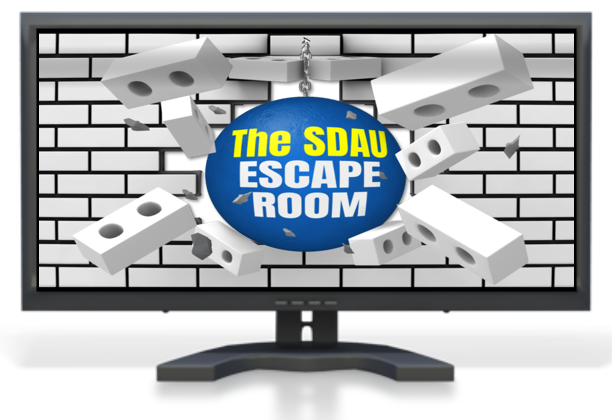 Image of computer with ball crashing into wall with text 'The SDAU Escape Room'
