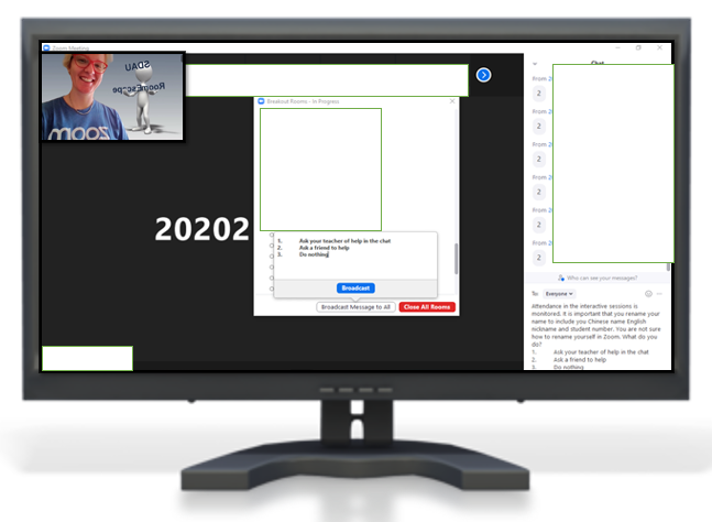 Image with computer, presenter, breakout room and chat in Zoom