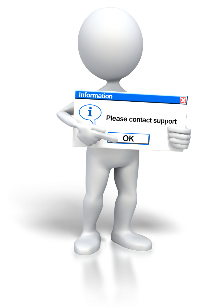 Figure carrying sign saying "Please contact support"
